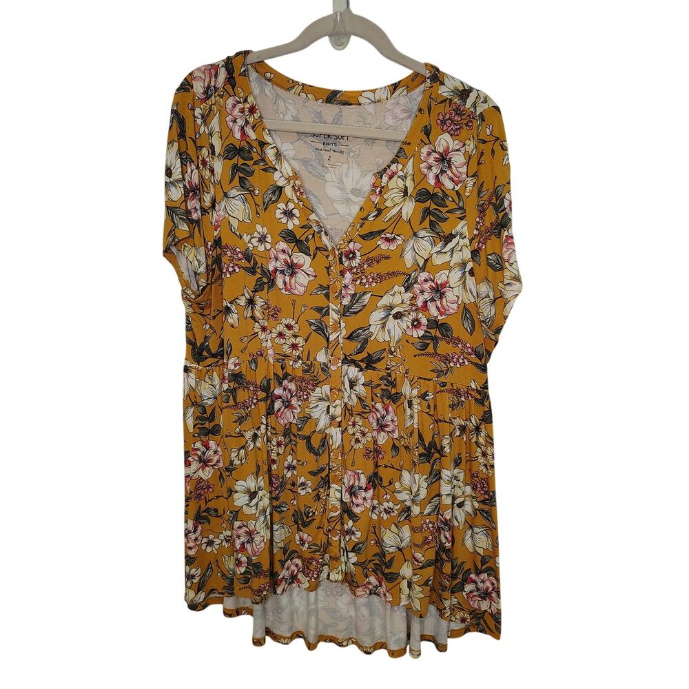 Torrid Womens 2X Top Plus Size Super Soft Knit Babydoll Button Up Floral Yellow - Picture 3 of 5